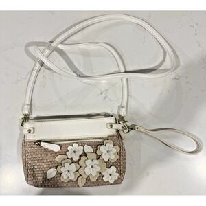 Liz Claiborne Crossbody Purse White Tan Tea Rose Appliqué Wicker Straw Handbag